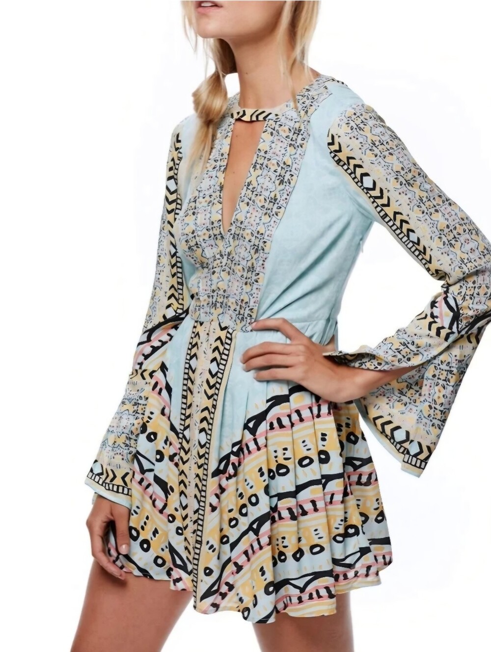FREE PEOPLE Tegan Multicolor Border Geometric Print Long Sleeve Boho Mini Dress